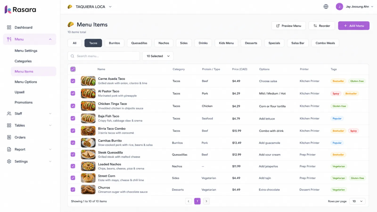 The menu management table with category tabs and per-item photo, price, options, printer and tags
