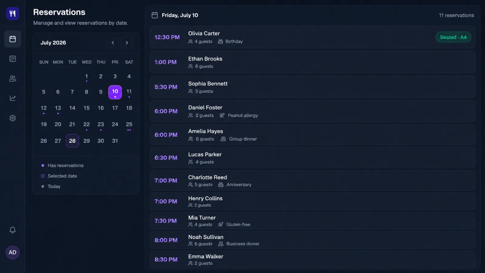 The reservation screen with a month calendar and the selected day's bookings in time order