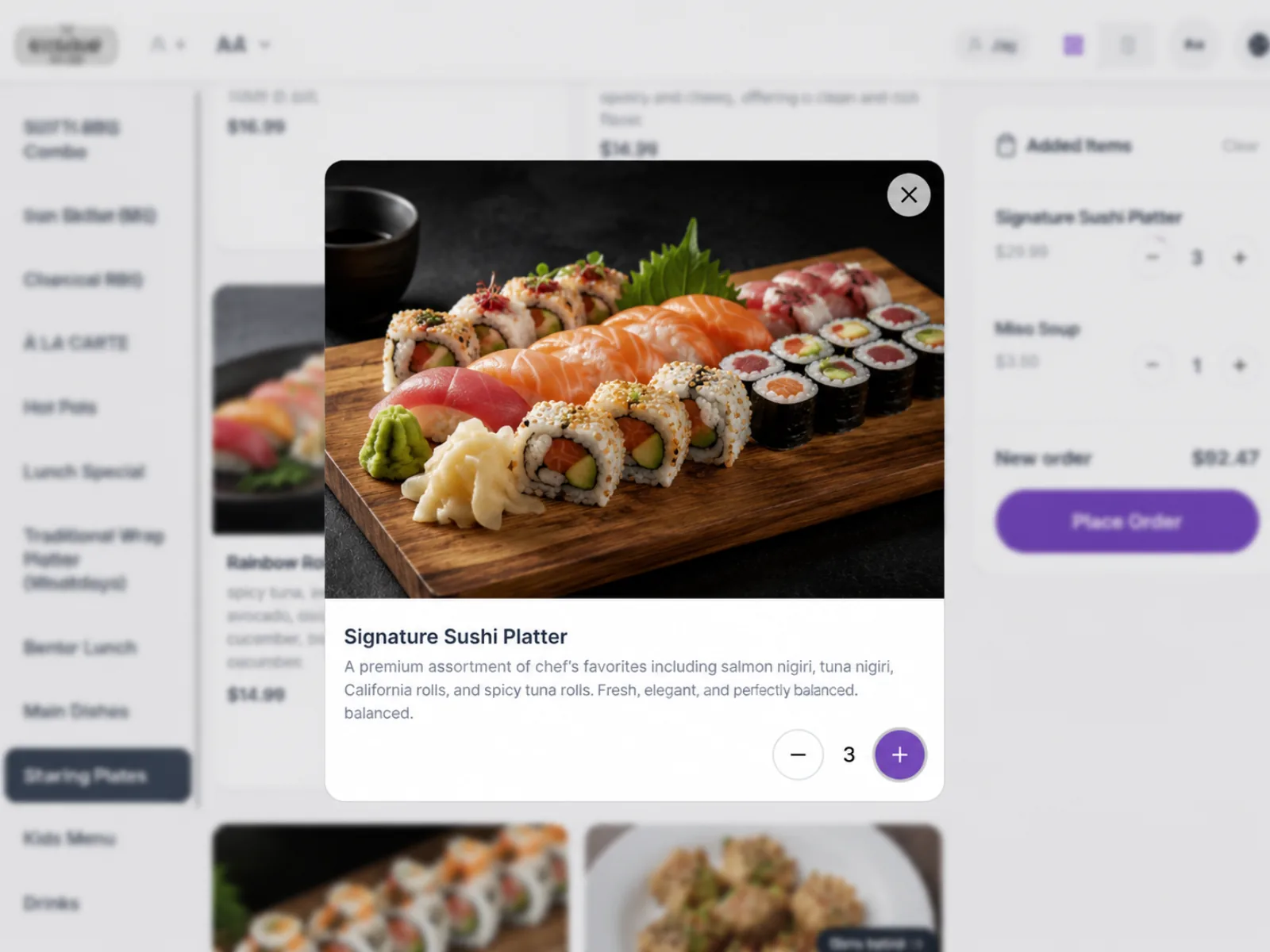 A dish detail view on the tablet menu with photo, description and quantity stepper