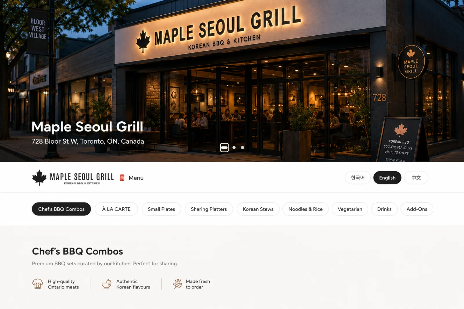 Website menu opening with a large photo of the restaurant exterior