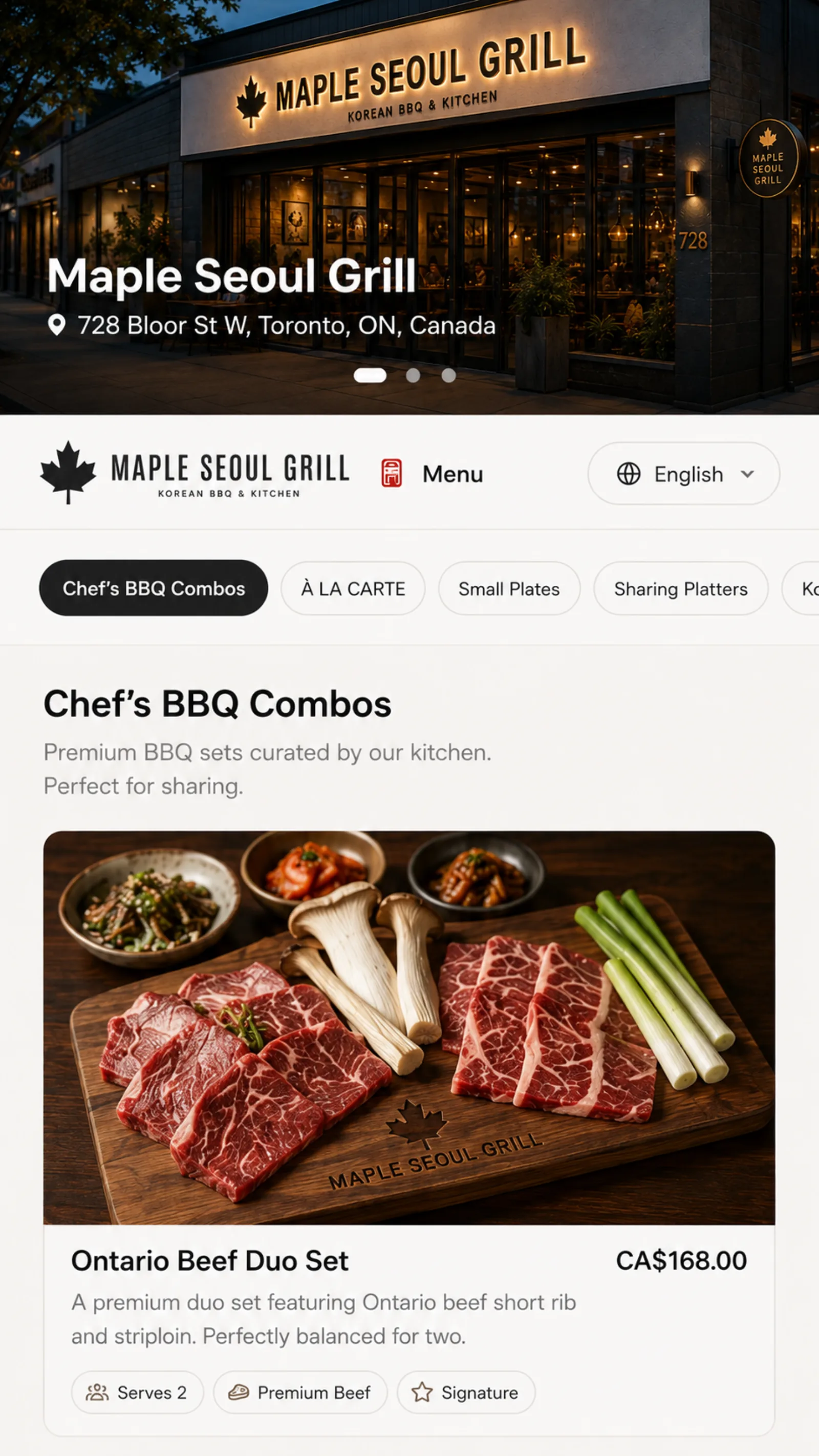 Website menu on a phone showing dishes with photos